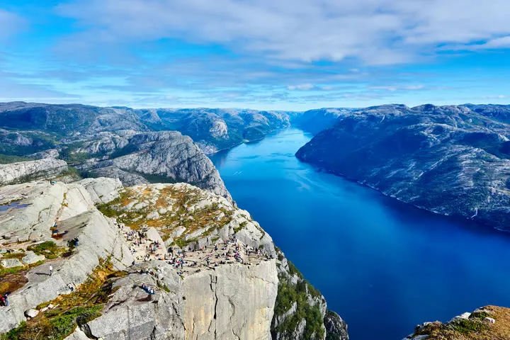 Preikestolen above Lysefjord, illustrating the distance between Stavanger and the trailhead